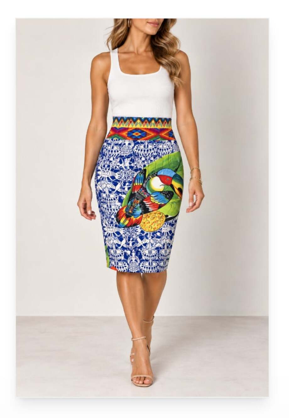 Stella Jean Skirt Womens M Multicolor Parrot Print Cotton Knee Length Italy